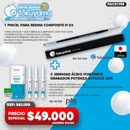 [PACK1759] 1 Pincel para Resina composite N°24 Tokuyama + 3 Jeringas Ácido Fosfórico grabador Potenza Attacco 35% PHS