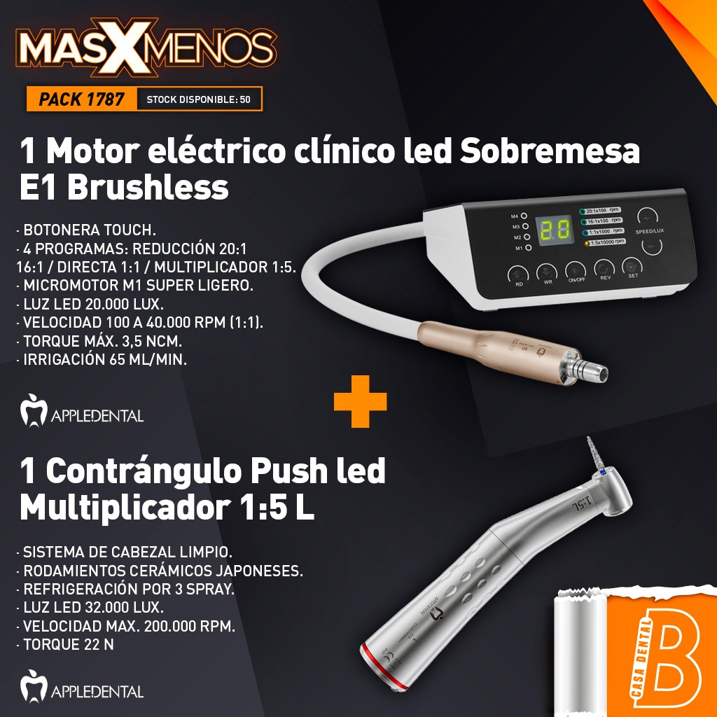 1 Motor eléctrico clínico led Sobremesa E1 Brushless + 1 Contrángulo Push led Multiplicador 1:5 L Appledental (Anillo rojo)