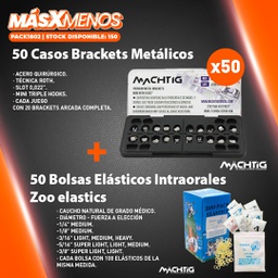 [PACK1802] 50 Casos Brackets Metálicos Machtig + 50 Bolsas Elásticos Intraorales Zoo elastics Machtig