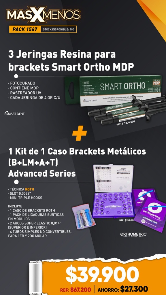 3 Jeringas Resina para brackets Smart Ortho MDP Smart Dent + 1 Kit de 1 Caso Brackets Metálicos (B+LM+A+T) Advanced Series Orthometric