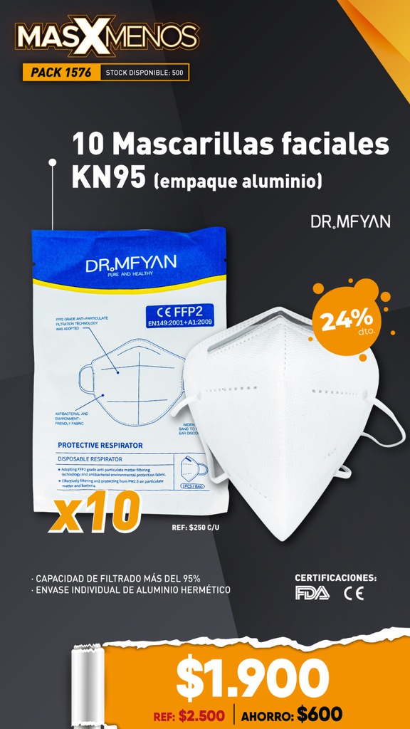10 Mascarillas faciales KN95 Dr. MFyan Chengda (empaque aluminio)