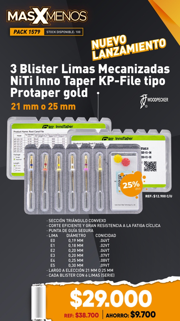3 Blister Limas Mecanizadas NiTi Inno Taper KP-File tipo Protaper gold Woodpecker