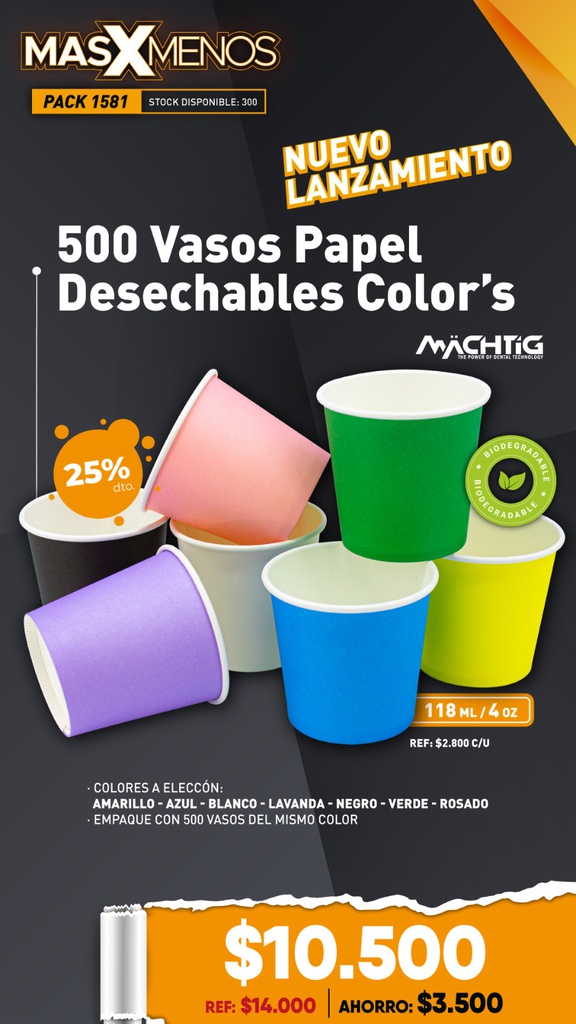 500 Vasos Papel Desechables Color´s Machtig