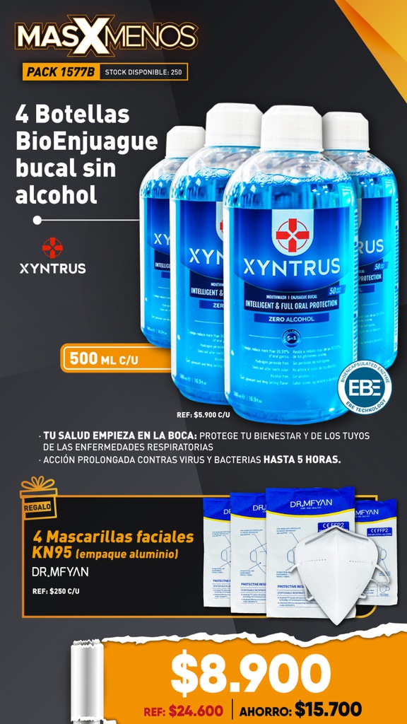 4 Botellas BioEnjuague bucal sin alcohol Xyntrus Brix + Regalo