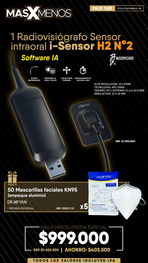 1 Radiovisiógrafo Sensor intraoral i-Sensor H2 N°2 Woodpecker + Regalo