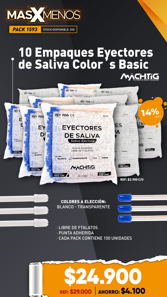 10 Empaques Eyectores de Saliva Color´s Basic Machtig