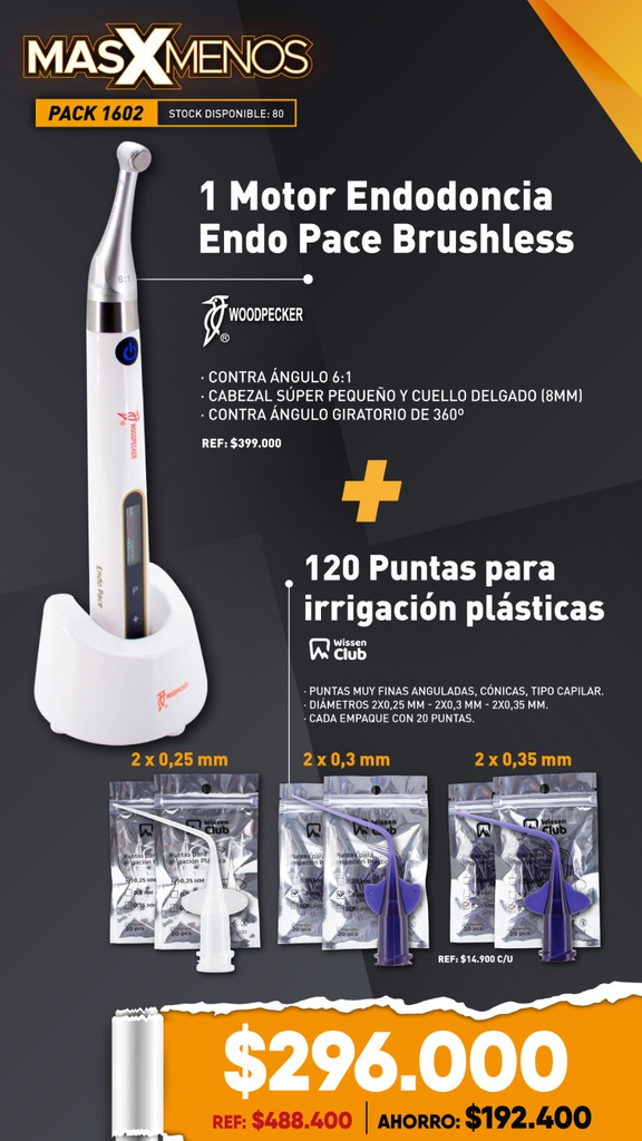1 Motor Endodoncia Endo Pace Brushless Woodpecker + 120 Puntas para irrigación plásticas Wissen