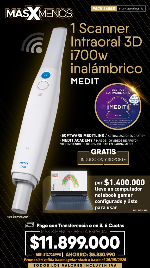 1 Scanner Intraoral 3D i700w Inalámbrico Medit + Computador Notebook Gamer