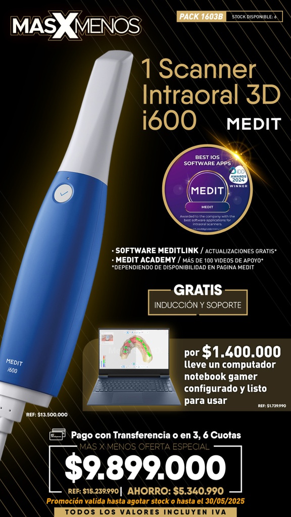 1 Scanner Intraoral 3D i600 Medit + Computador Notebook Gamer