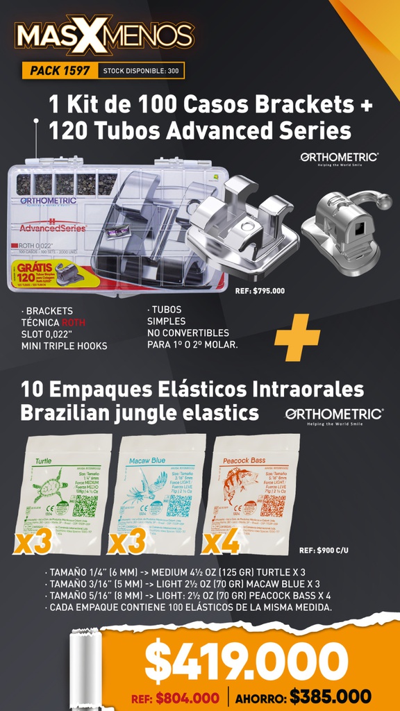 1 Kit de 100 Casos Brackets + 120 Tubos Advanced Series Orthometric