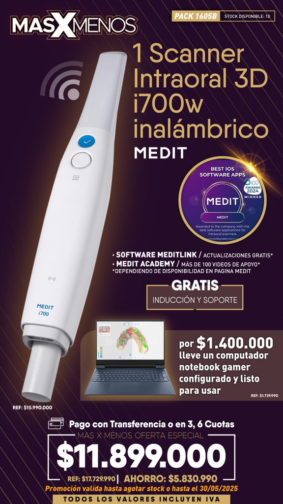 1 Scanner Intraoral 3D i700w Inalámbrico Medit + Computador Notebook Gamer