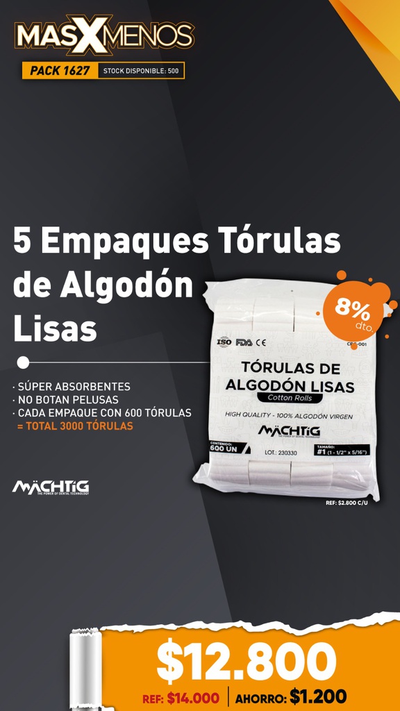 5 Empaques Tórulas de Algodón Lisas Machtig