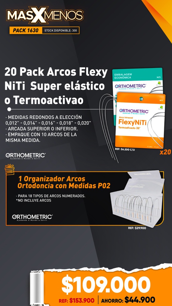 20 Pack Arcos Flexy NiTi Super Elástico o Termoactivado + 1 Organizador Arcos Ortodoncia Orthometric P02