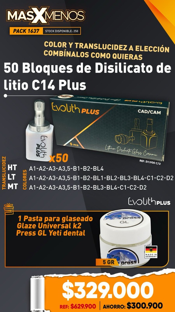50 Bloques de Disilicato de litio C14 Evolith Plus + Regalo