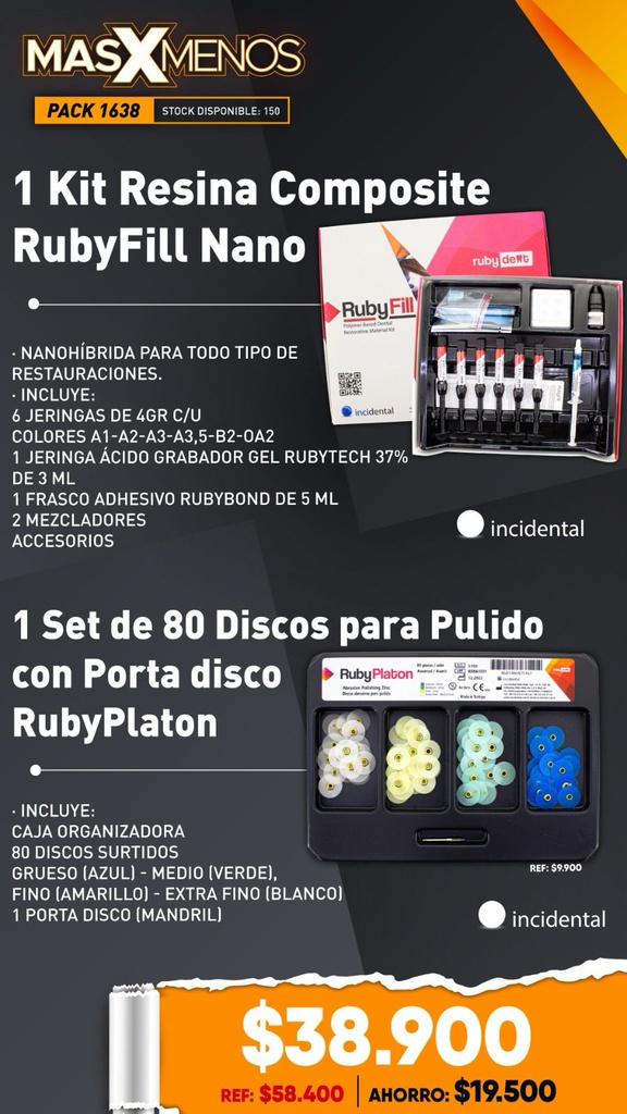 1 Kit Resina Composite RubyFill Nano + 1 Set de 80 Discos con Porta disco RubyPlaton Incidental