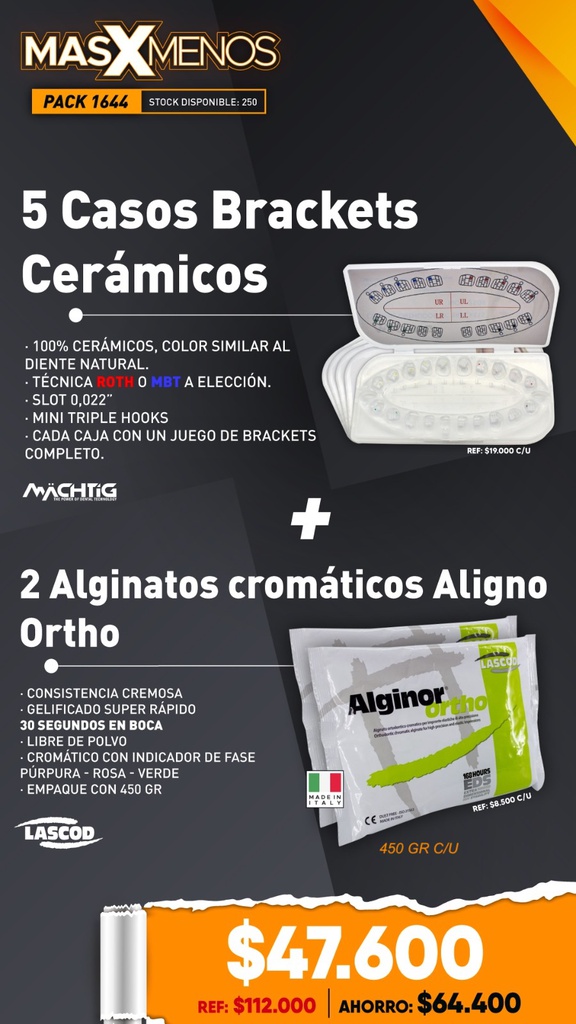 1 Caso Brackets Cerámicos Machtig + 2 Alginatos Alginor Ortho Lascod