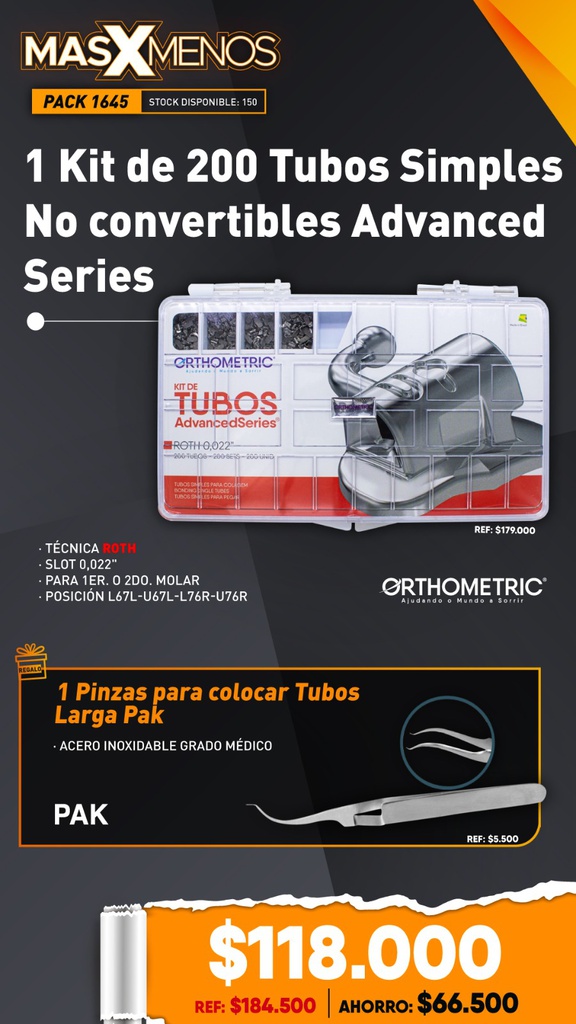 Kit 200 Tubos Simples No convertibles Advanced Series Orthometric + Regalo