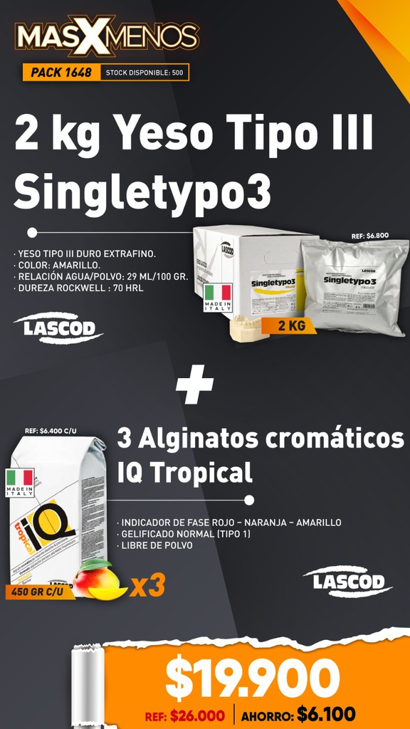 2 kg Yeso Tipo III Singletypo3 Lascod + 3 Alginatos Q Tropical Lascod