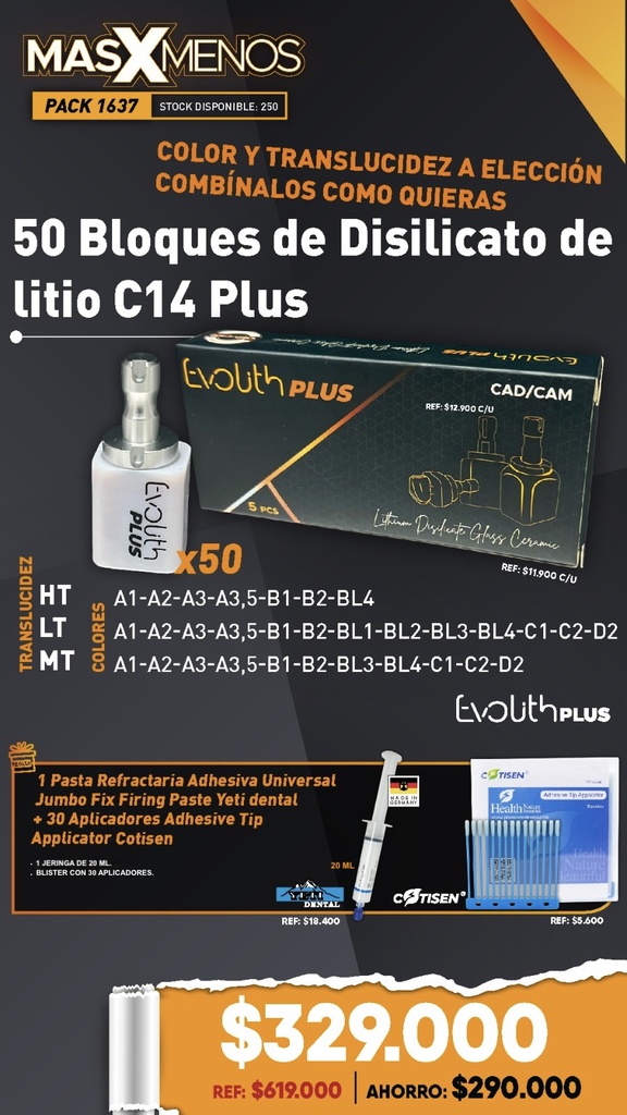 50 Bloques de Disilicato de litio C14 Evolith Plus + Regalo