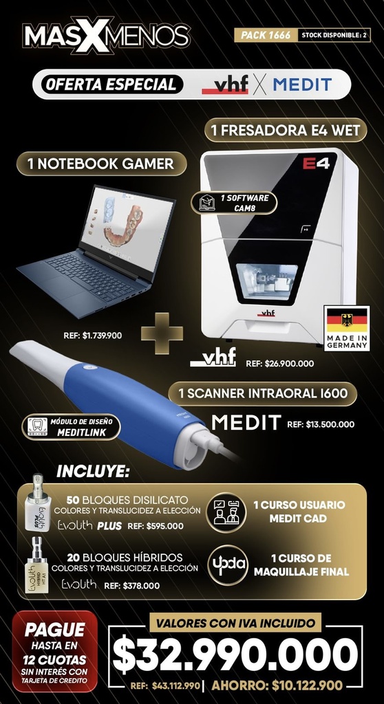 1 Fresadora E4 Wet Húmedo VHF + 1 Scanner Intraoral 3D i600 Medit + Regalos