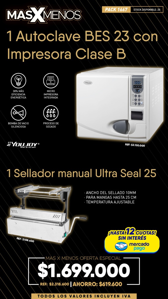 1 Autoclave BES 23 con Impresora Clase B Youjoy +