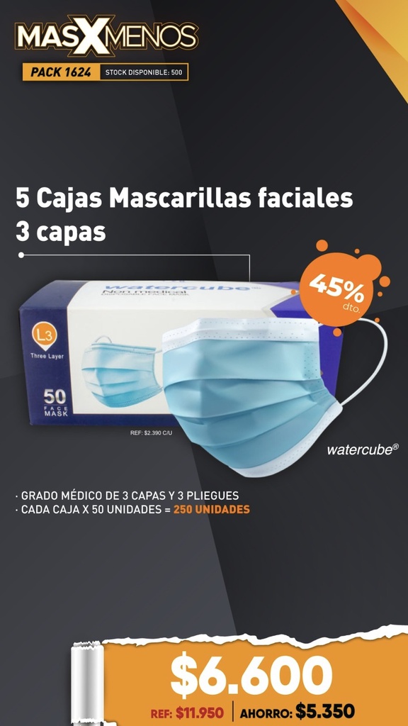 5 Cajas Mascarillas faciales 3 capas Watercube Keteng Medical