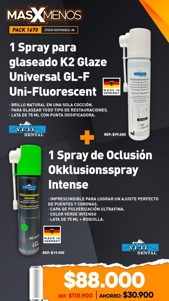 1 Spray para glaseado K2 Glaze Universal GL-F Uni-Fluorescent +1 Spray de Oclusión Okklusionsspray Intense Yeti Dental