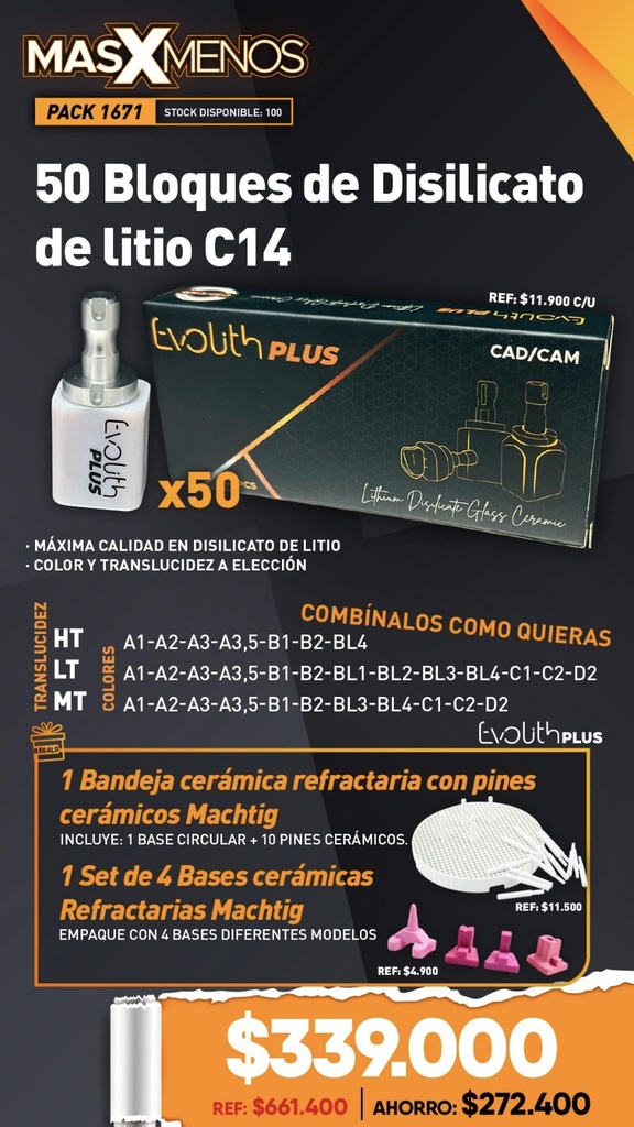 50 Bloques de Disilicato de litio C14 Evolith Plus + Regalo