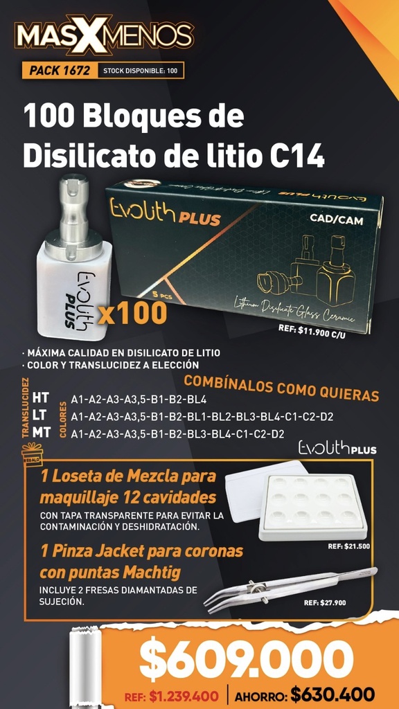 100 Bloques de Disilicato de litio C14 Evolith Plus + Regalo