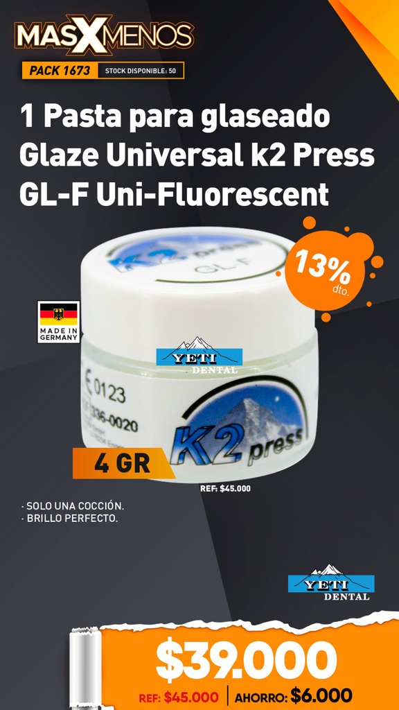 1 Pasta para glaseado Glaze Universal k2 Press GL-F Uni-Fluorescent Yeti dental