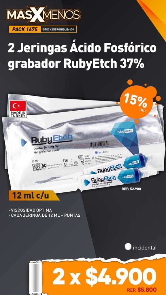 2 Jeringas Ácido Fosfórico grabador RubyEtch 37% Incidental