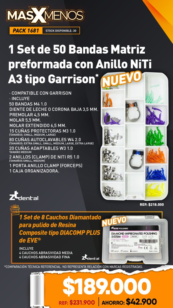 1 Set de 50 Bandas Matriz preformada con Anillo NiTi A3 tipo Garrison ZT Dental + Regalo