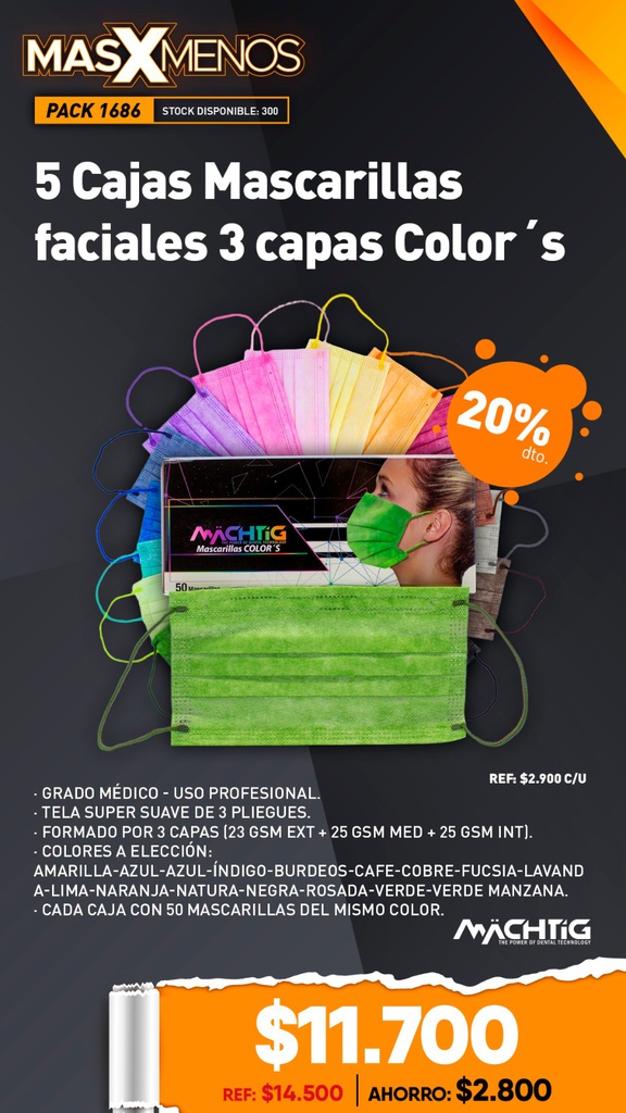 5 Cajas Mascarillas faciales 3 capas Color´s Machtig