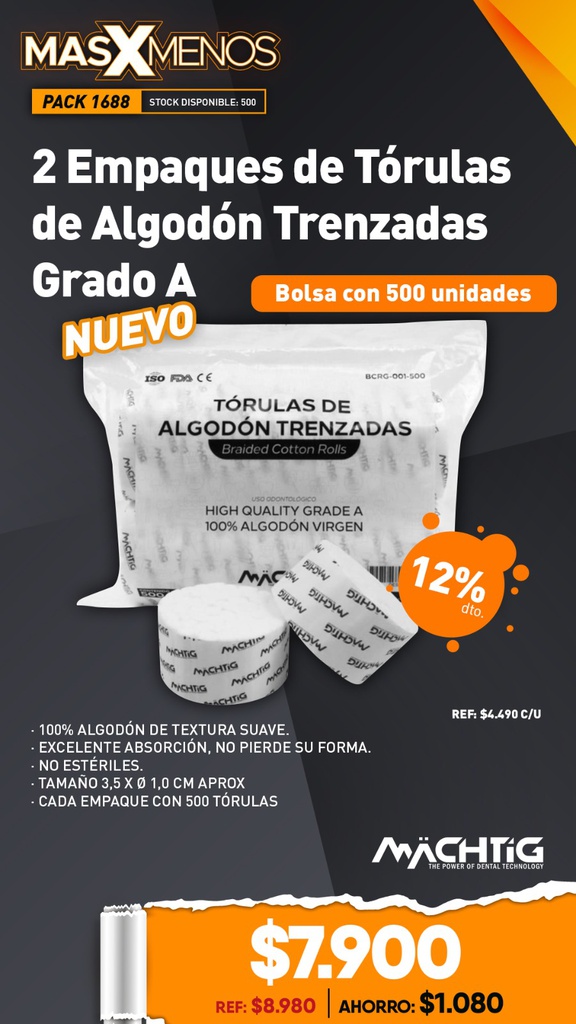 2 Empaques Tórulas de Algodón Trenzadas Grado A Machtig