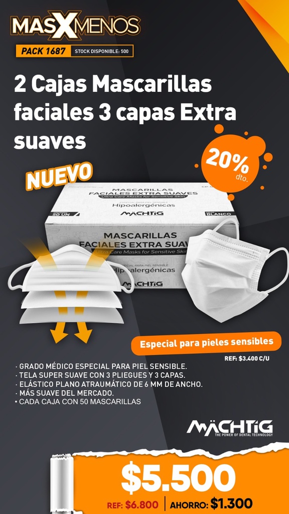 2 Cajas Mascarillas faciales 3 capas Extra suaves Machtig