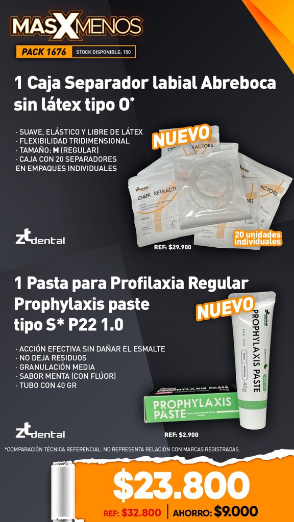 1 Caja Separador labial Abreboca sin látex tipo OI + 1 Pasta para Profilaxia Regular Prophylaxis paste tipo S P22 1.0 ZT dental