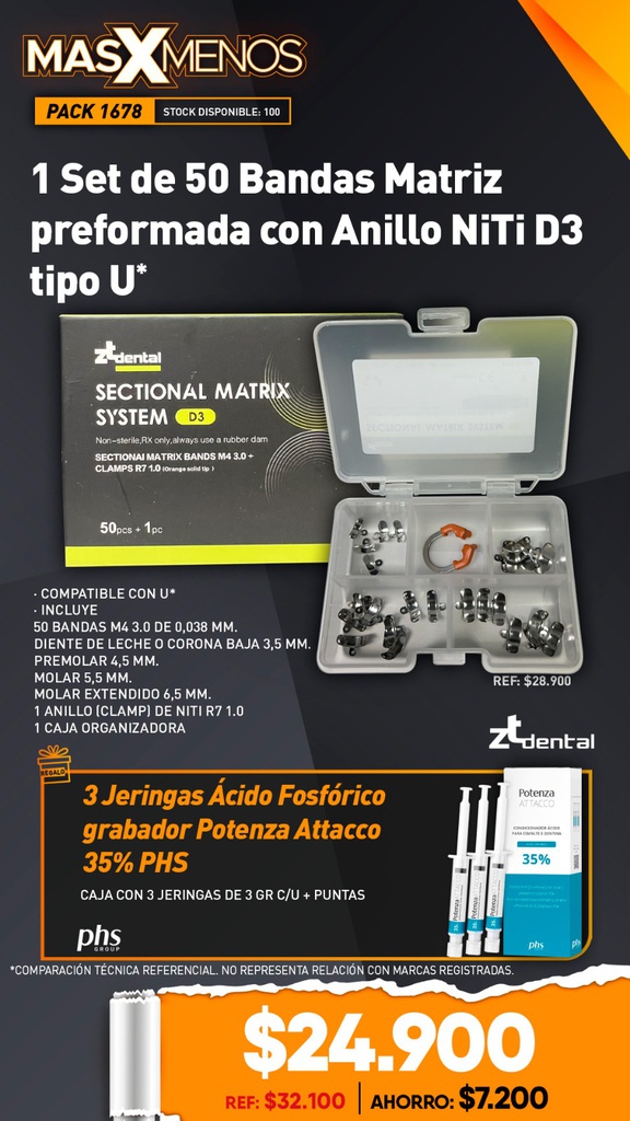 1 Set de 50 Bandas Matriz preformada con Anillo NiTi D3 tipo U ZT Dental + Regalo