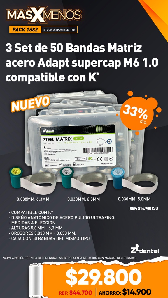 3 Set de 50 Bandas Matriz acero Adapt supercap tipo K M6 1.0 ZT Dental