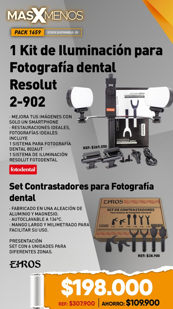 1 Kit de Iluminación para Fotografía Resolut 2-902 Fotodental + 1 Set Contrastadores para Fotografía dental Ehros