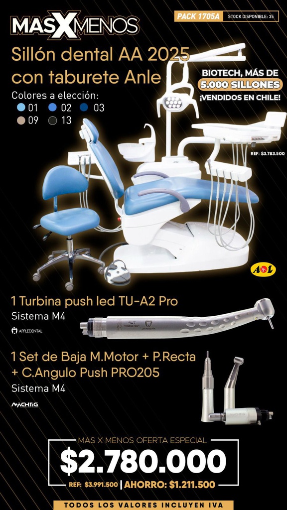 1 Sillón dental AA 2025 con taburete Anle + 1 Set de Baja push PRO205 Machtig + 1 Turbina push led TU-A2 Pro Appledental