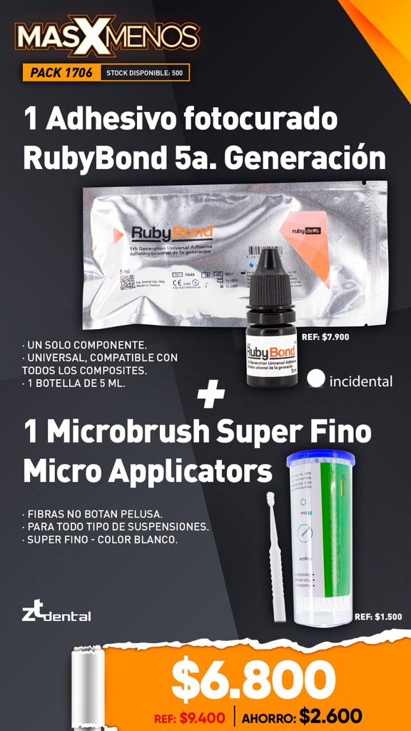 1 Adhesivo fotocurado RubyBond 5a. Generación Incidental + 1 Microbrush Super Fino Micro Applicators ZT Dental