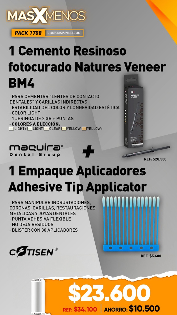1 Cemento Resinoso fotocurado Natures Veneer BM4 Maquira Group + 1 Empaque Aplicadores Adhesive Tip Applicator Cotisen