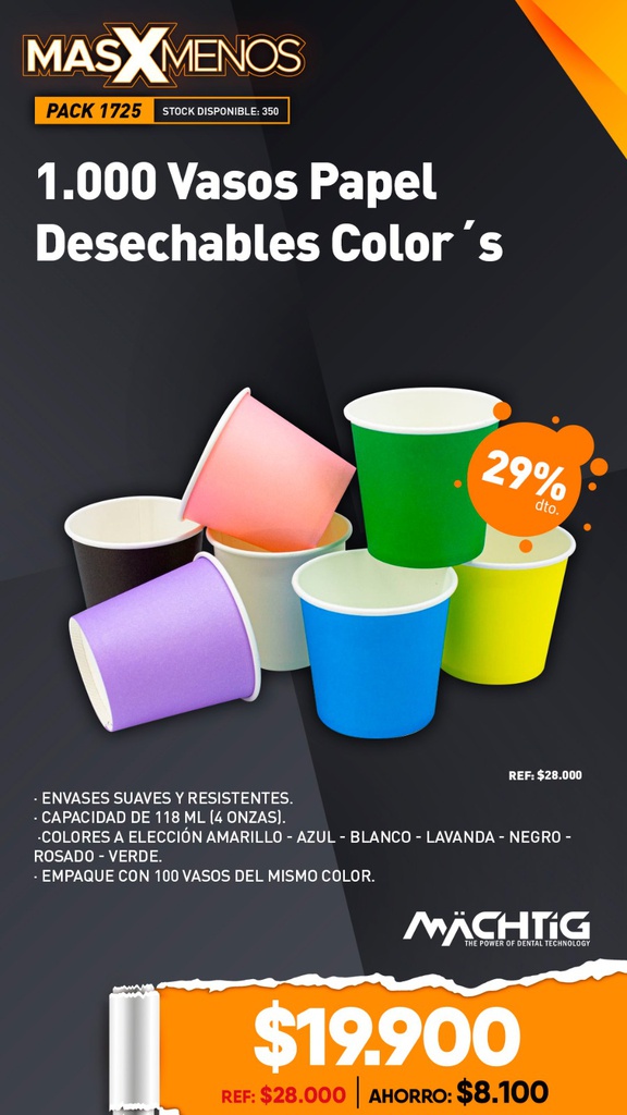 1.000 Vasos Papel Desechables Color´s Machtig