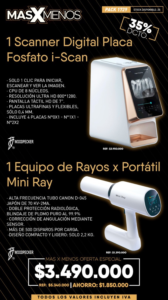 1 Scanner Digital Placa Fosfato i-Scan + 1 Equipo de Rayos x Portátil Mini Ray Woodpecker