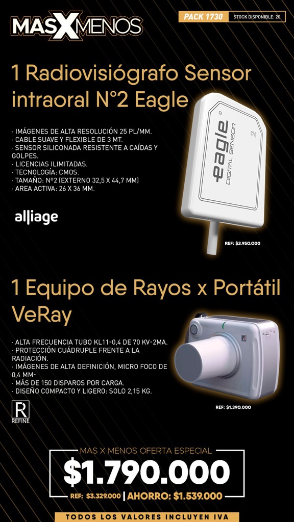 1 Radiovisiógrafo Sensor intraoral Nº2 Eagle Alliage + 1 Equipo de Rayos x Portátil VeRay Refine