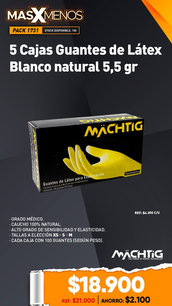 5 Cajas Guantes de Látex Blanco natural 5,5 gr Machtig
