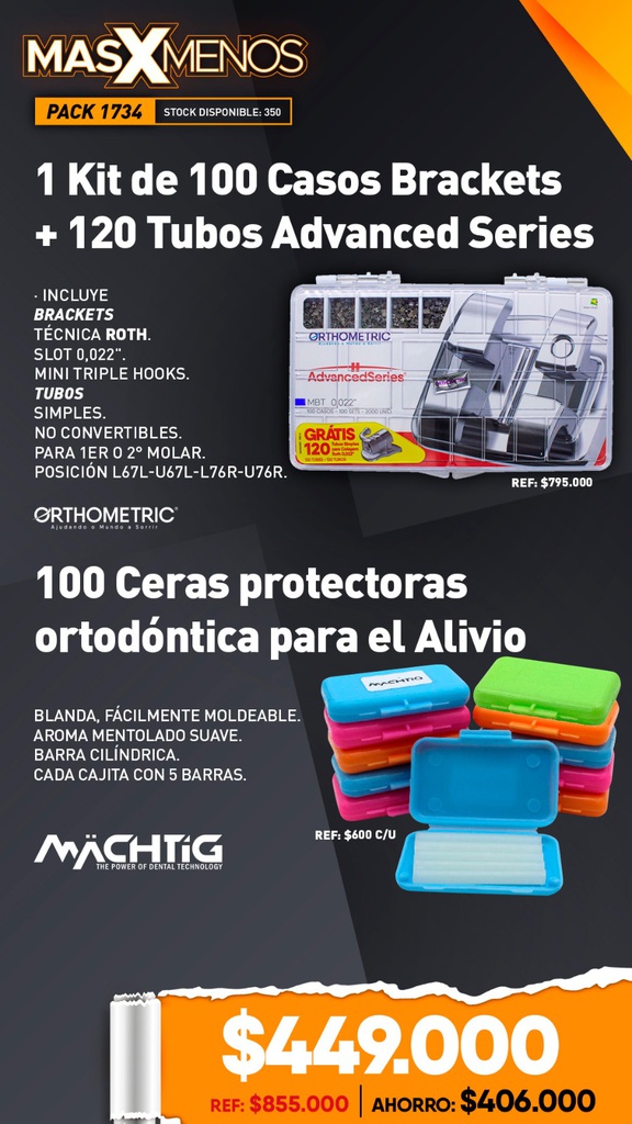 1 Kit de 100 Casos Brackets con 120 Tubos Advanced Series Orthometric + 100 Ceras protectoras ortodóntica para el Alivio Machtig