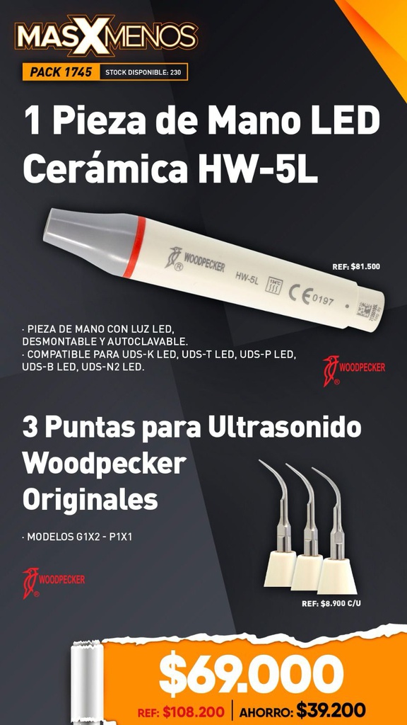 1 Pieza de Mano LED Cerámica HW-5L + 3 Puntas para Ultrasonido Woodpecker Originales