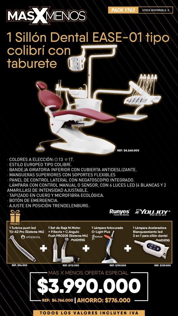 1 Sillón Dental EASE-01 tipo colibrí con taburete Youjoy by Runyes + Regalos