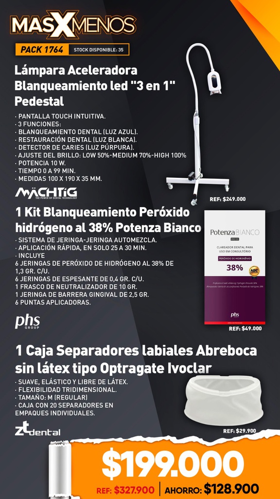 1 Lámpara Aceleradora Blanqueamiento led &quot;3 en 1&quot; Pedestal Machtig + 1 Kit Blanqueamiento Peróxido hidrógeno al 38% Potenza Bianco SS PHS + 1 Caja Separadores labiales Abreboca sin látex tipo Optragate Ivoclar ZT dental